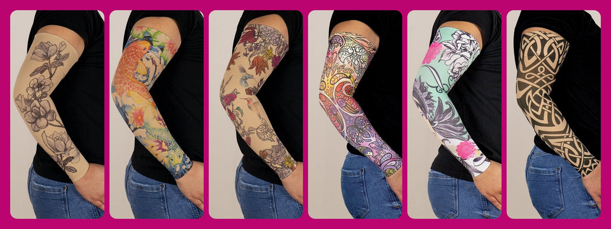 Six women wearing patterned LympheDIVAs compression arm sleeves: Magnolia, Koi, Hummingbird, Birds of Paradise, Tattoo Blossom, and Celtic